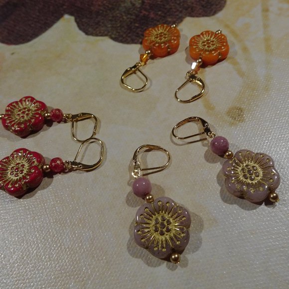 Handcrafted artisanal earrings with whimsical Czech windflowers in 12 colors - Picture 17 of 17